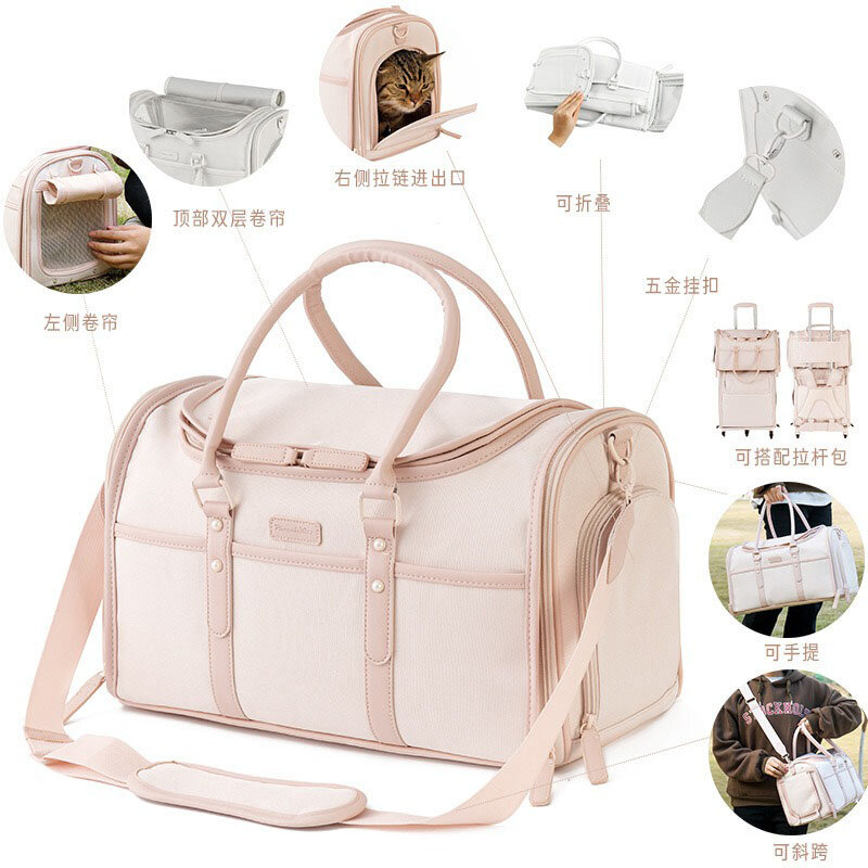 Foldable Pet Trolley Case, Portable Cat Stroller for Two Cats, Oxford Cloth, Pet Transport Wheels, Cat Bag, Small Dog Bag