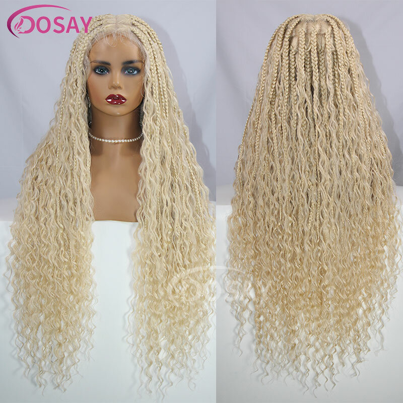 32" Honey Blonde 613 Colored Boho Box Braided Wigs Bohemia Synthetic Braided Full Lace Front Wig Curly Ends Square Part Knotless