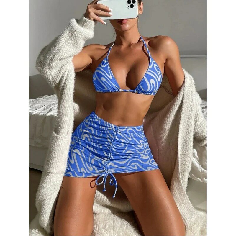 2024New Full Printed Pattern Strap Triangle BikinibikiniSwimsuit Beach Dress