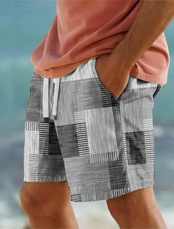 Calções de tabuleiro xadrez geométrico 3D masculino, bloco de cores, cordão elástico, estilo havaiano, praia resort, calção de férias