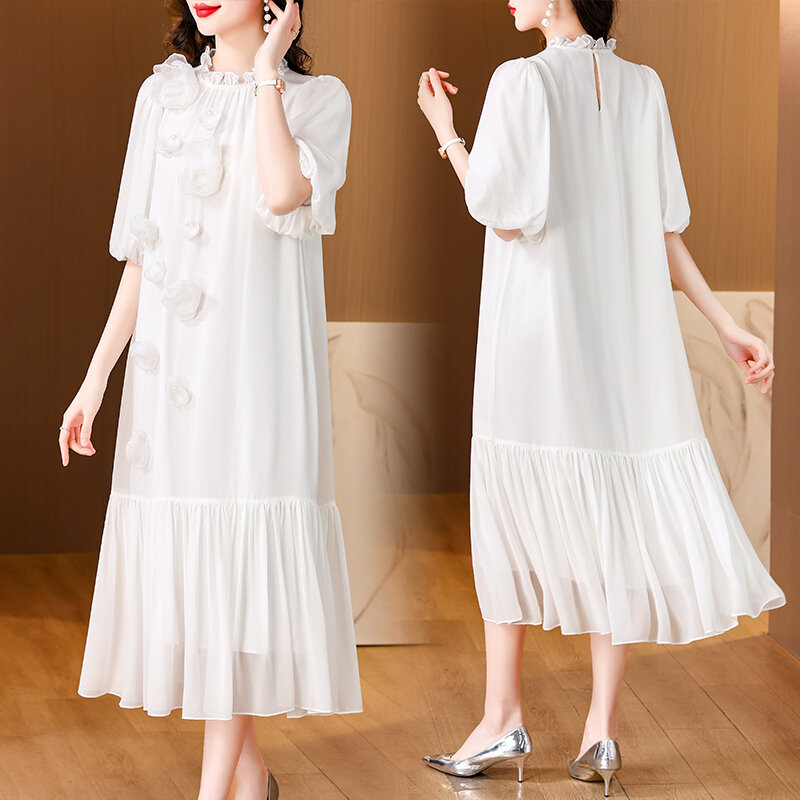 Gaun Midi wanita, hiasan bunga manik-manik mewah putih renda gaun Maxi longgar elegan Korea musim panas Vintage Chic pesta malam Vestido 2024