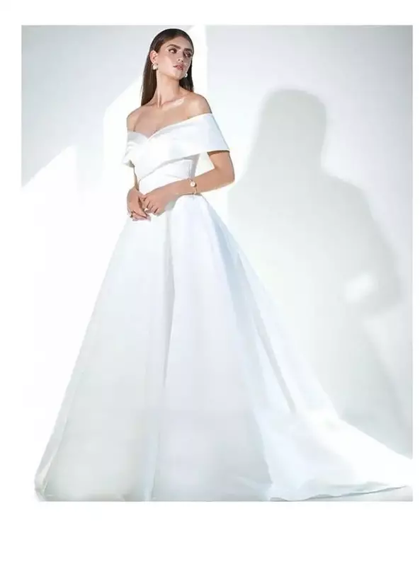 Minimalist Satin Bride Dresses Off-The-Shoulder Wedding Dresses Cap Sleeve Drapped Train Custom-Made Vestidos De Novia