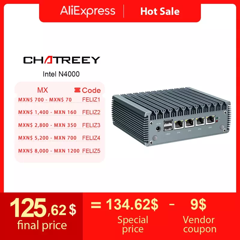 Chatreey 2.5G PfSense Firewall Intel Pentium N4000 4 * Intel I225 Nics Soft Router DDR4 Tanpa Kipas Mini PC OPNsense VPN Server
