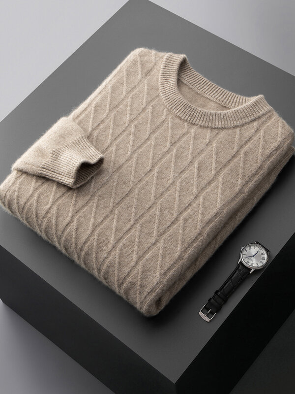Sweter męski 100% czysty kaszmir jesienno-zimowy z długim rękawem swetry z okrągłym dekoltem wysokiej jakości bluzki z dzianiny luźna bluzka zwężana młodych