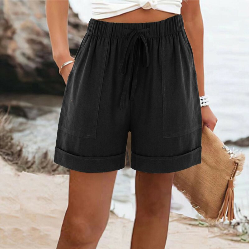 Pantalones cortos de algodón con cordón para mujer, Shorts cómodos e informales de cintura alta con bolsillo, holgados, de pierna recta, a la moda