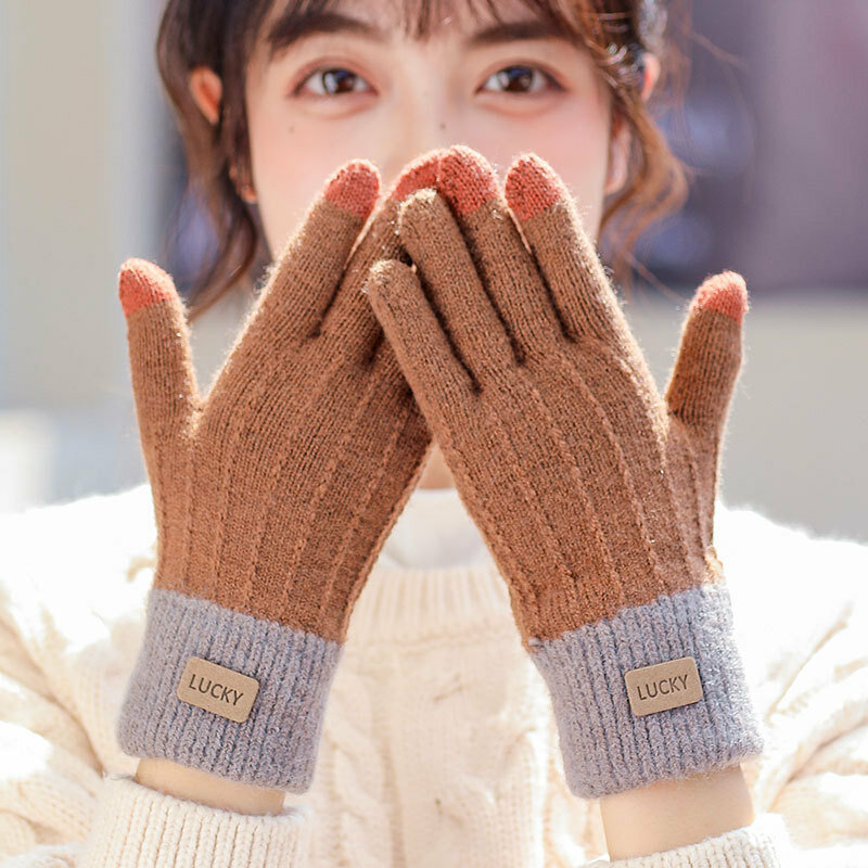 Sarung tangan jari penuh rajut hangat wanita, sarung tangan kasmir imitasi tebal layar sentuh, sarung tangan berkendara bersepeda luar ruangan musim dingin