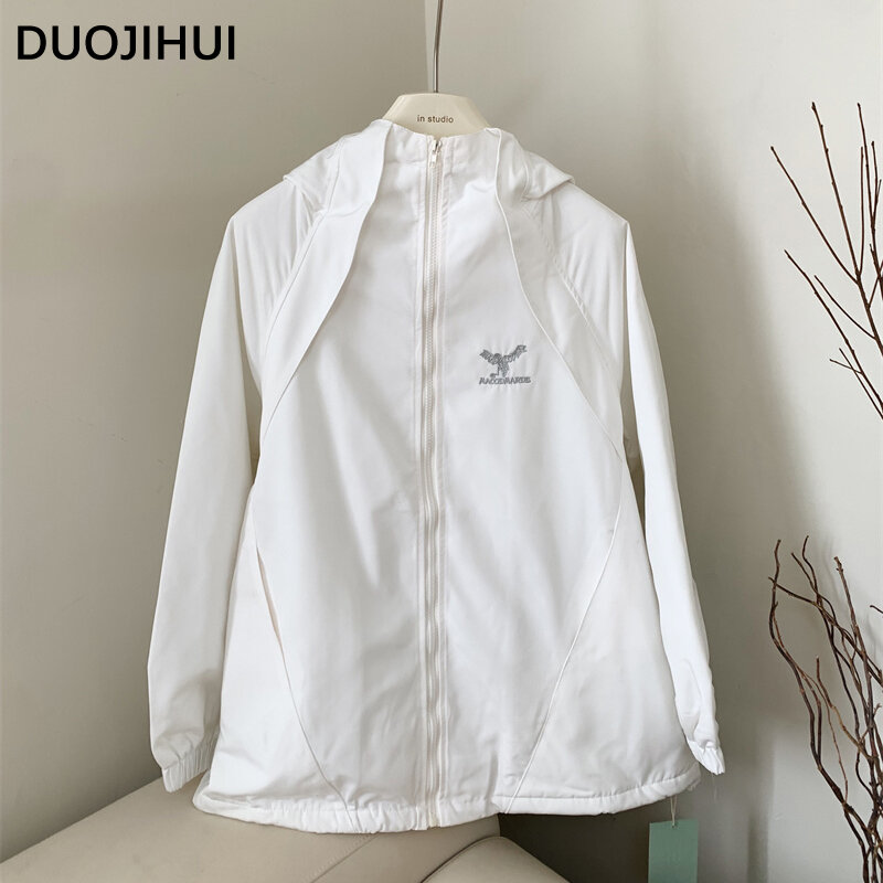 DUOJIHUI-Chaqueta Bomber con capucha para mujer, cazadora de Color puro, manga larga, informal, bordada, Simple