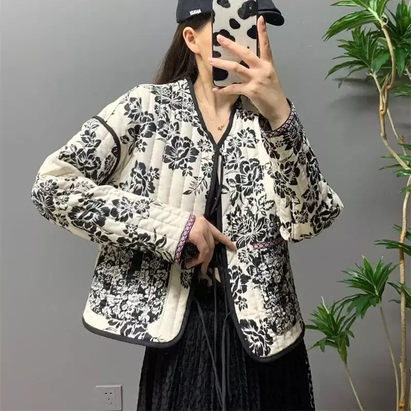 Женская Стеганая куртка с V-образным вырезом, в стиле ретро