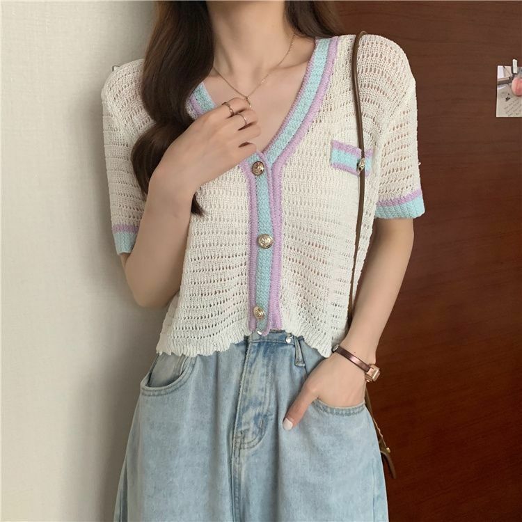 Kaus kardigan Single Breasted wanita, t-shirt dasar pakaian elegan elegan kasual lengan pendek cantik Harajuku gaya Korea musim panas