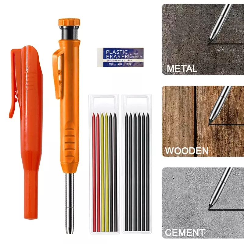 Lápis de carpinteiro sólido laranja com recargas apontador embutido para buraco profundo mecânica carpintaria lápis marcador ferramentas para trabalhar madeira