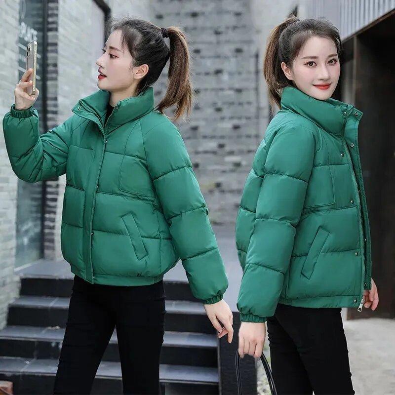 女性のための韓国の綿のコート,女性のためのスタンドカラー付きのフィットダウンジャケット,カジュアルな女性のための暖かい服2023