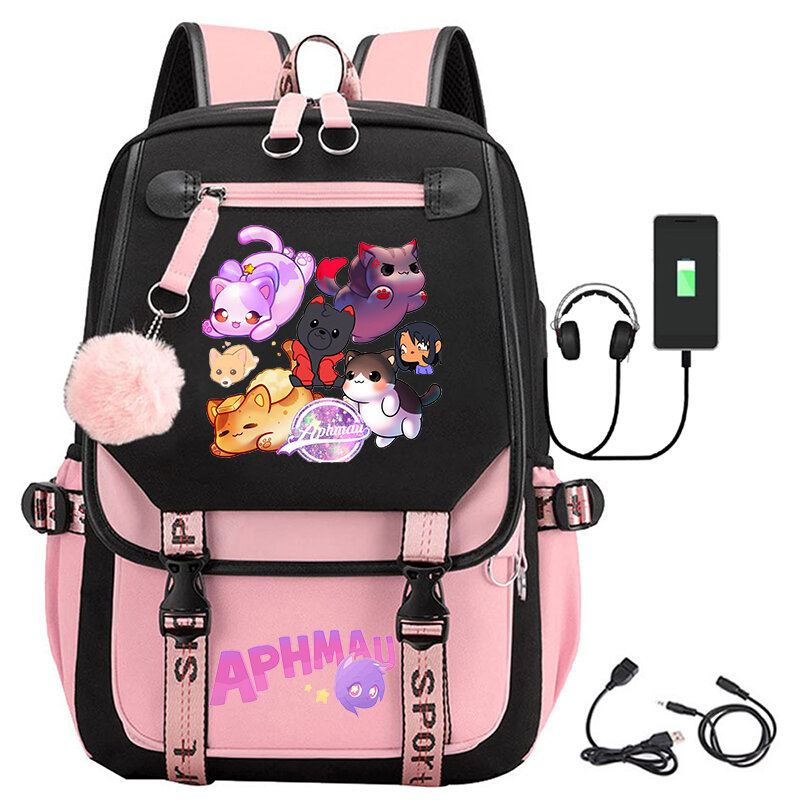 Aphmau-mochila con estampado de dibujos animados para adolescentes, morral con carga Usb para ordenador portátil, informal, para estudiantes, escolar