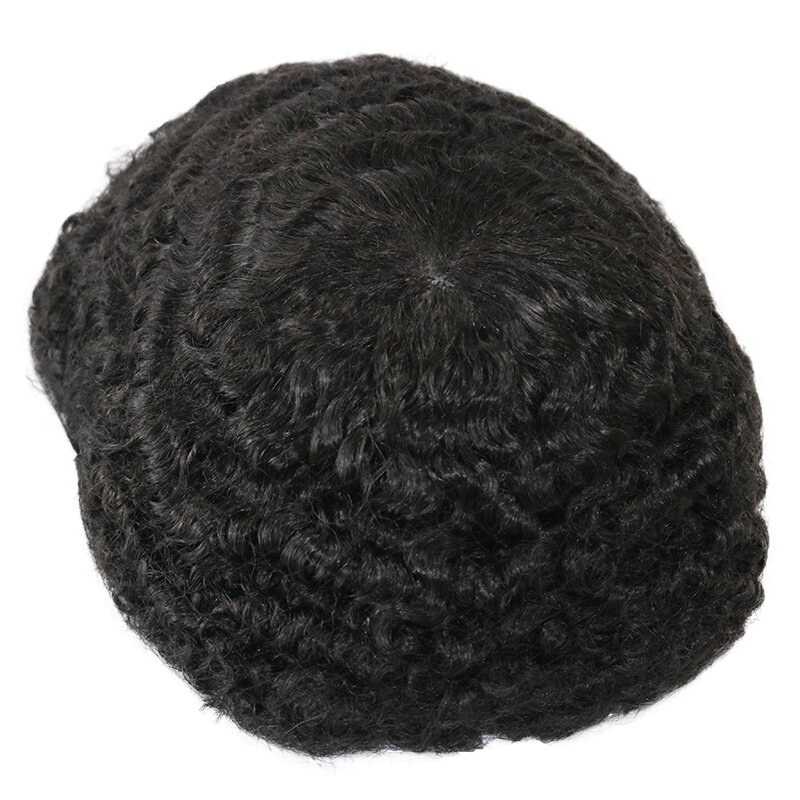Tupé Afro rizado fino Mono y Base de PU para hombre, pieza de cabello humano ondulado de 8mm, peluca masculina africana, unidad de sistema de reemplazo rizado