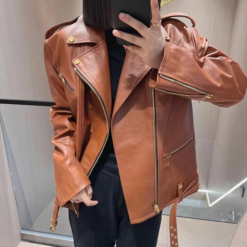 Autumn Winter Leather Coat Motorcycle Style Button Design Sheepskin Jacket  Ladies Oversize Women's Genuine Leather Oversize