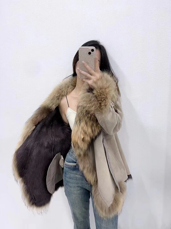 Jaqueta de couro feminina com gola de pele de guaxinim grande, monocromática, pele real, pele de cabra crua, roupa feminina, inverno