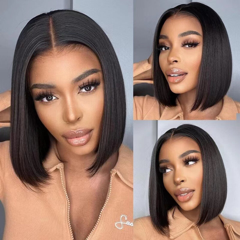 Lace Frontal Wig Short Straight Black Bob Wig Soft Human Hair Wig for Women Synthetic Lace Wigs Cosplay