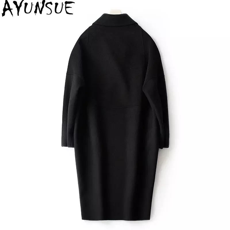 AYUNSUE 여성용 100% 양모 코트, 양면 모직 재킷, 루즈 롱 오버코트, 한국 스타일, 가을, 겨울