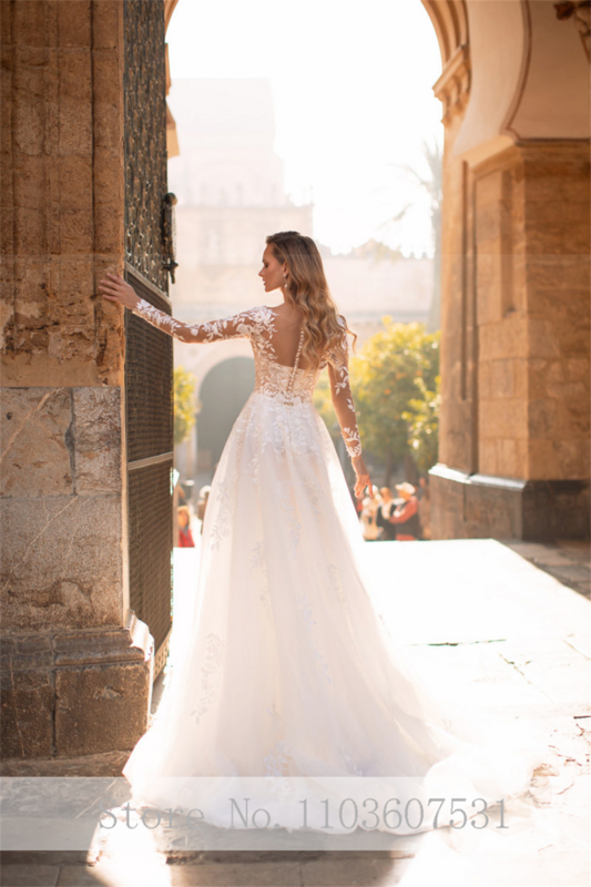 Sheer Neck Floral Applique Lace Tulle Wedding Dress for Women Long Illusion Sleeve A-line Court Wedding Gown robe de mariée