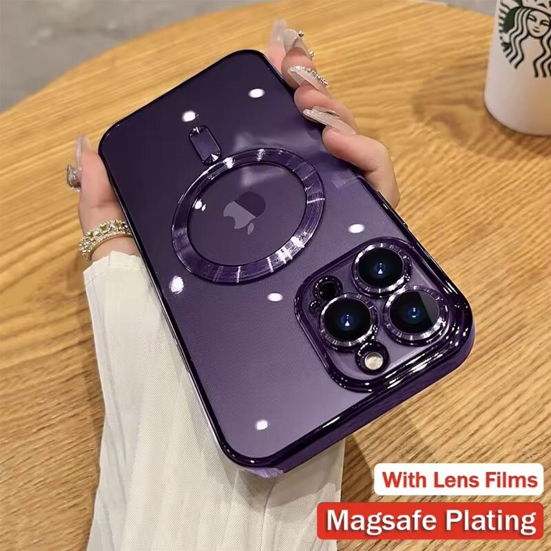 Funda magnética de moda para iPhone, cubierta de carga inalámbrica de silicona suave transparente chapada para iPhone 15, 14, 13, 12, 11 Pro Max, 14 Plus