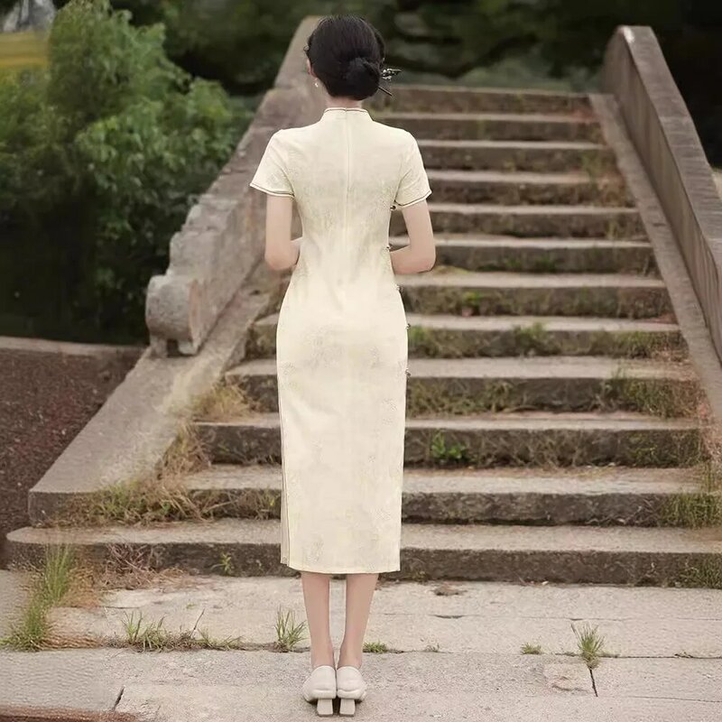 Cheongsam-vestido Qipao de encaje con mangas 2024, ropa de talla grande, primavera y otoño, novedad de 3/4