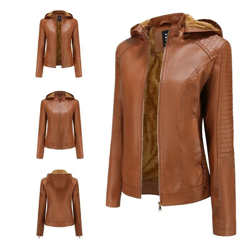 Women's Removable Hooded Faux Leather Jacket Motorcycle Moto Biker Short Coat Fall and Winter Fashion Casual Slim PU Bomber Coat
