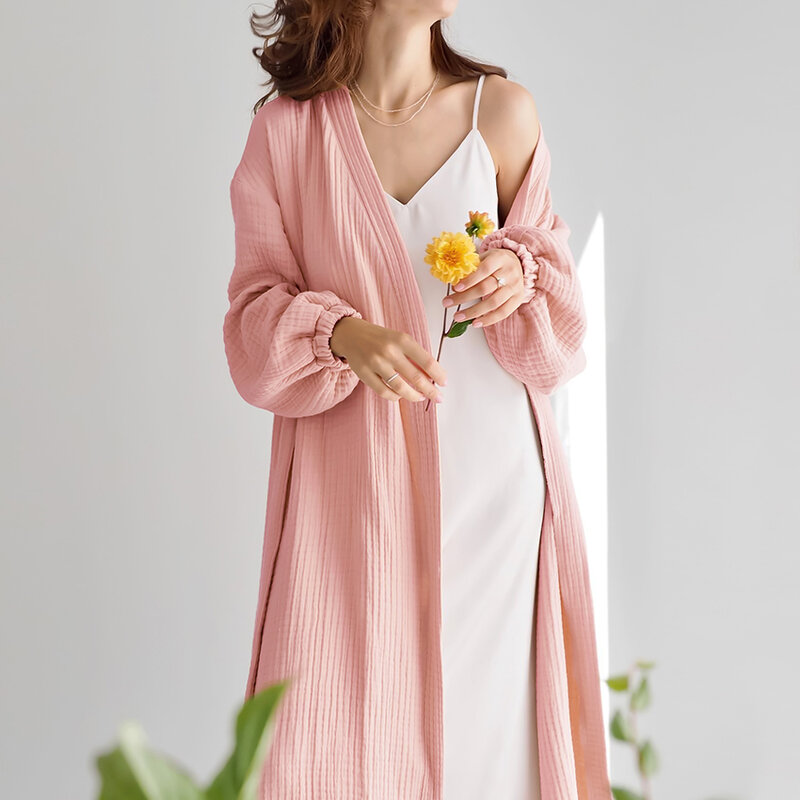 Hiloc-Bata larga de algodón con mangas abullonadas para mujer, ropa de dormir femenina, con fajas Kimono, albornoz elegante, bata de noche, 2024