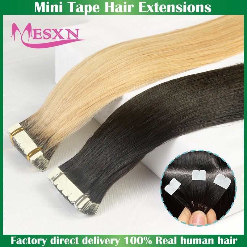MESXN Mini Tape in Hair Extensions 100% Human Hair Real Natural Hair Tape Weft InsInvisible soft  Black Brown Blonde 613 tapes