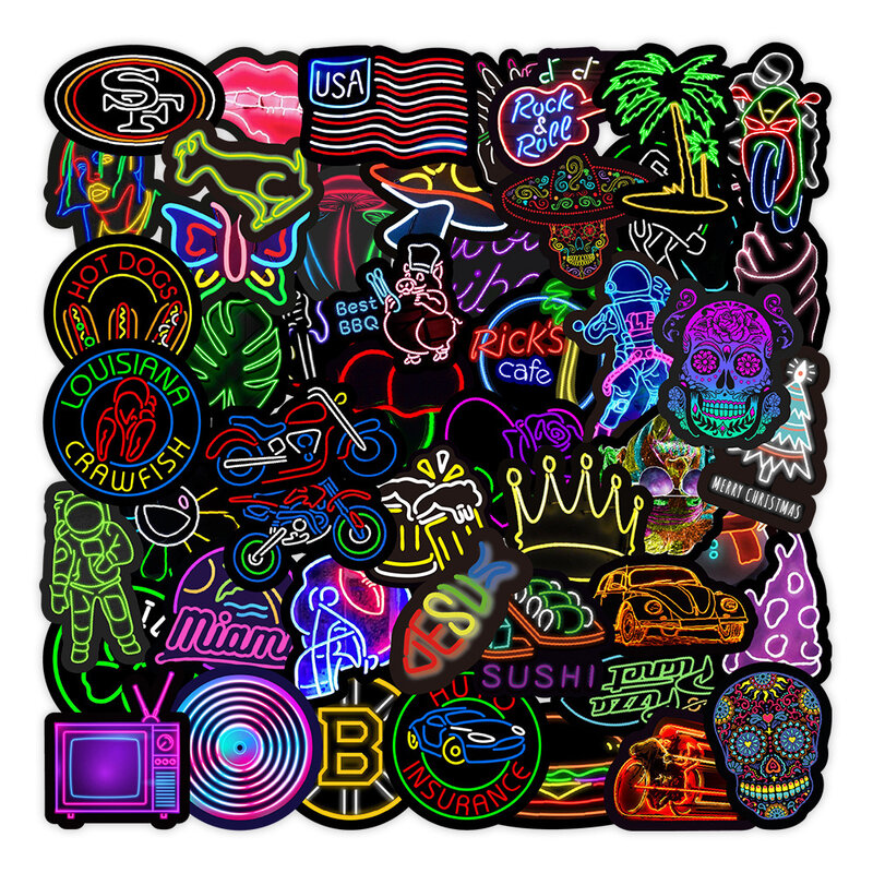 Colorido Neon Series Graffiti Adesivos, Adequado para Laptop, Capacetes, Decoração Desktop, Brinquedos DIY, Atacado, 50pcs