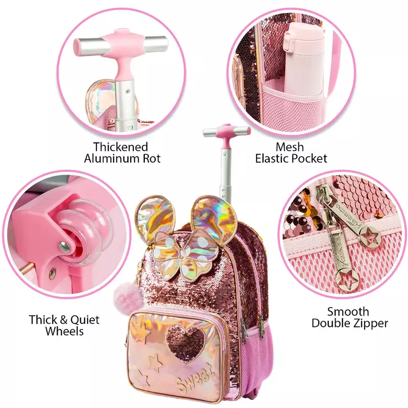 Sacos escolares de desenhos animados de lantejoulas para meninas, carrinho na bagagem para crianças, saco de rodas para mochila, bonito, 16 ", 3 peças
