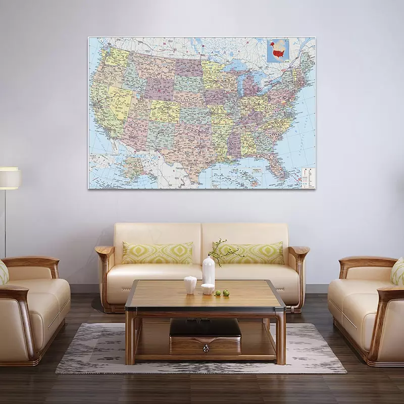 Póster de Arte de pared para decoración del hogar, suministros escolares para niños, mapa de América con detalles, idioma chino, 150x100cm