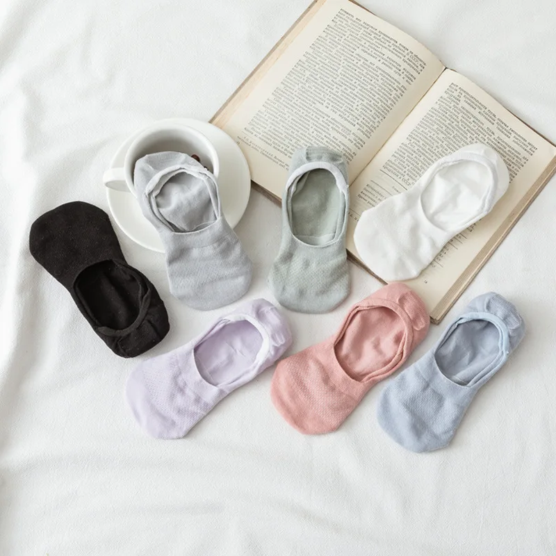 Calcetines invisibles antideslizantes de silicona para mujer, de corte bajo medias de algodón, Color blanco sólido, 5 pares por lote