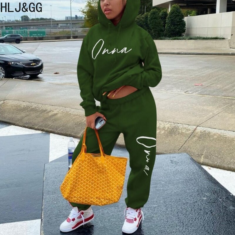 HLJ&GG Autumn Winter Casual Letter Printing Hooded Tracksuits Women Long Sleeve Sweatshirt + Jogger Pants Two Piece Sets Outfits