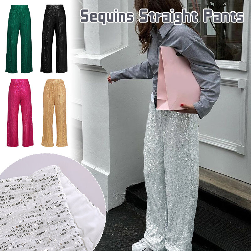 Pantalon Droit à Paillettes Brillantes pour Femme, Taille Haute, Tenue de Soirée, Streetwear, Y2K fjk