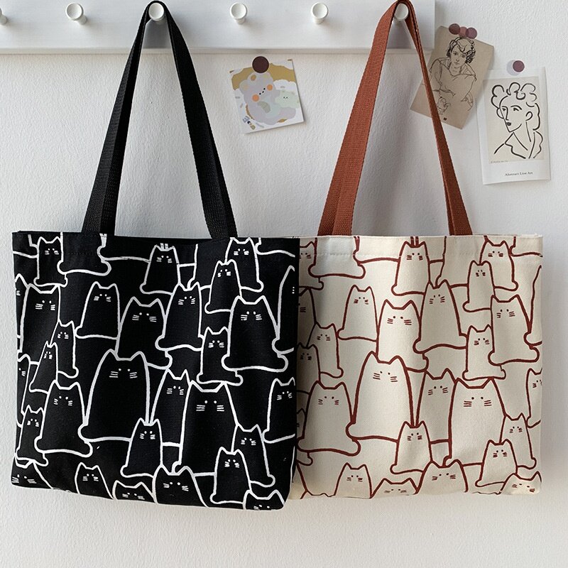 Холщовые сумки, Сумочка для женщин, сумка-шоппер с милым котом, сумка-тоут на молнии, дизайнерская сумка в японском стиле, мультяшная маленькая сумка через плечо