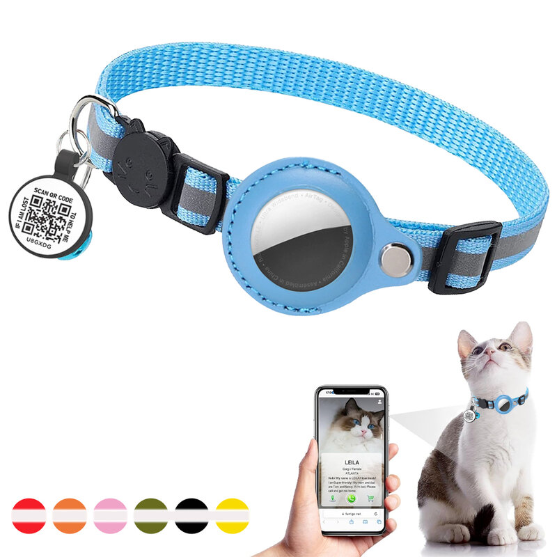 Collar de gato rastreador Airtag con etiqueta de gato de código QR, antipérdida para cachorros, accesorios para gatitos con soporte Airtag, etiqueta de identificación