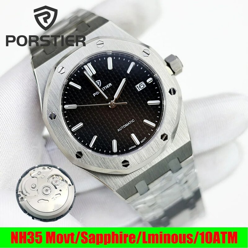 PORSTIER-Relógios de pulso mecânicos automáticos para homens, aço inoxidável, vidro safira, relógios impermeáveis, luxo, original, NH35, 100m