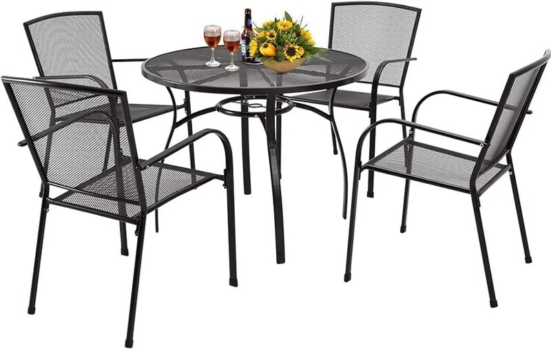 Set meja dan kursi teras logam, Set furnitur meja makan teras bulat di luar meja dan kursi