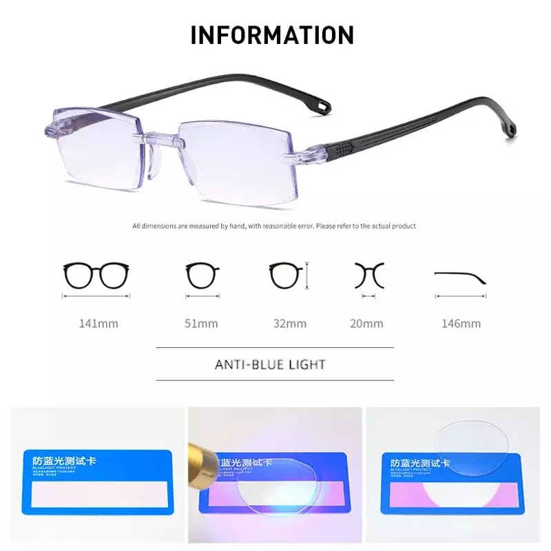 Bifocal Near Far Presbyopia Glasses Men's Ultra Light Square Frame Reading Glasses Rimless Blue Light Blocking Far Sight Eyewear