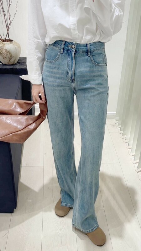 Finewords-Jeans de cintura alta com fenda lateral vintage, lavado casual, perna larga solta, streetwear coreano, calças jeans