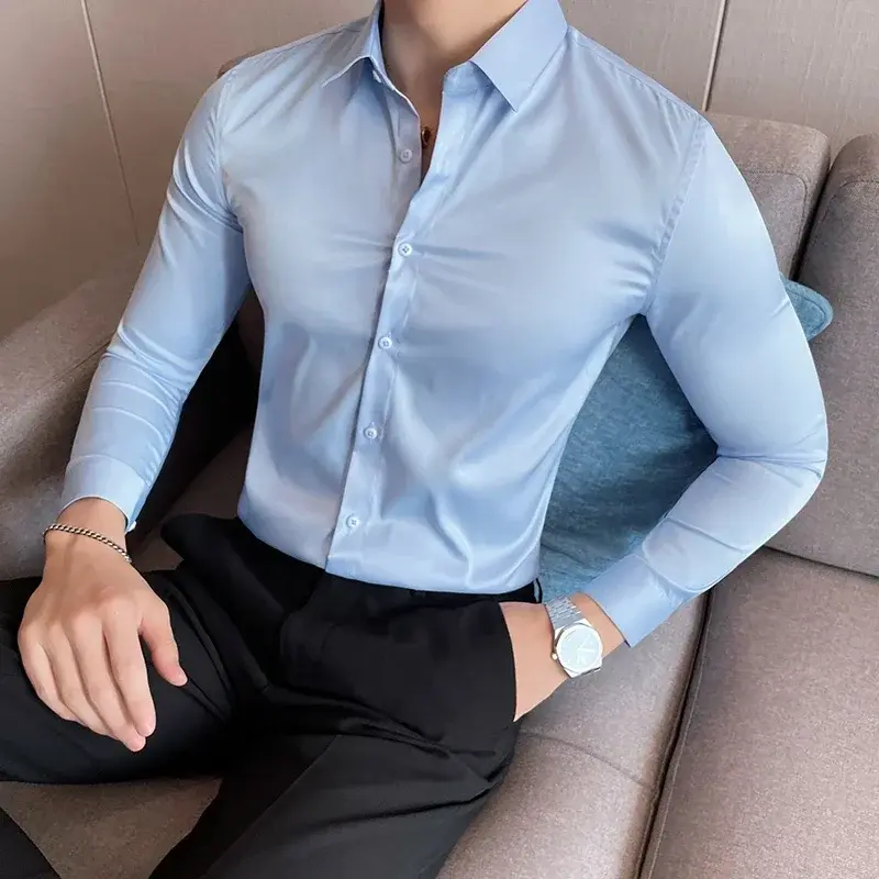 10Color High Quality Solid Dress Shirt Men Simple Long Sleeve Slim Fit Business Shirts Homme Social Casual Shirt Plus Size 5XL-M