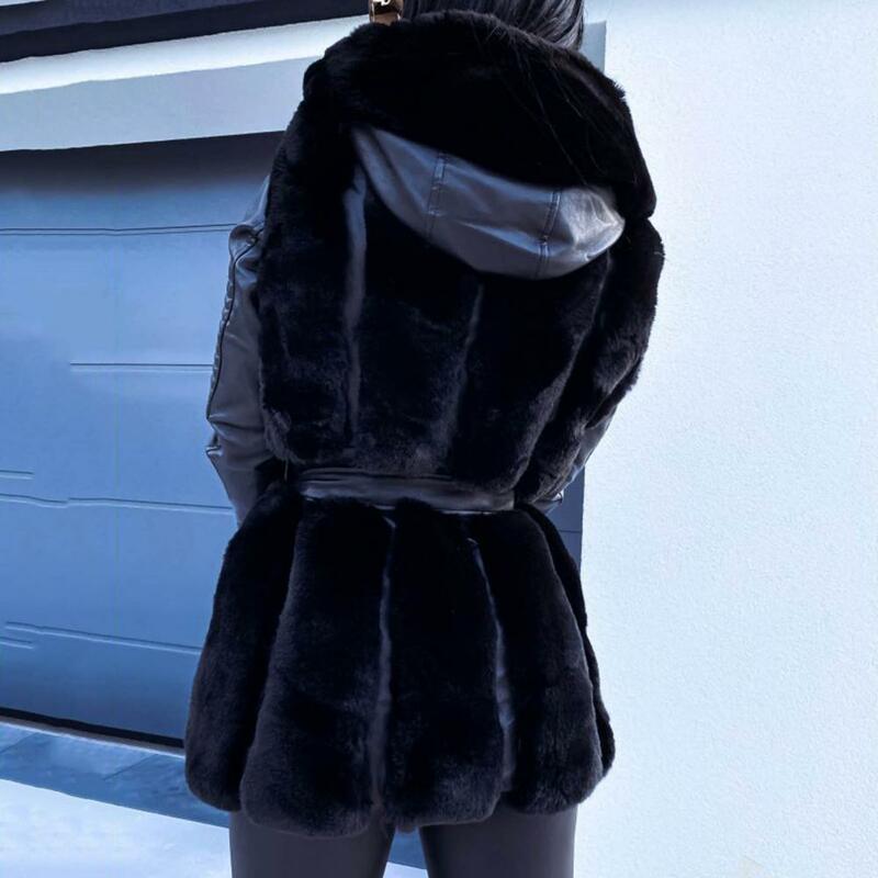Mantel Wanita Bulu Kelinci Palsu Mantel Musim Dingin Pinggang Ketat Mewah Termal Mantel Bulu Panjang Bertudung Mantel Longgar Kerah Jaket Wanita