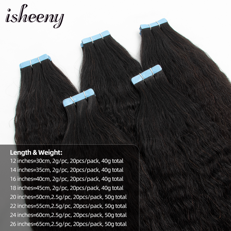 Isheeny-extensões de cabelo humano para mulheres negras, perversos e retos, fita adesiva, sem costura, pele invisível do plutônio, trama, natural, 10 "-24"