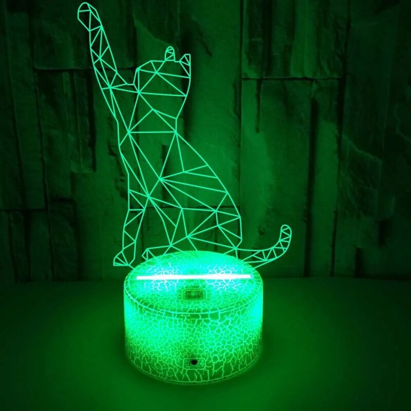 3D Cute Cat Illusion Night Light Acrylic Bedside Lamp 7/16 Colors USB or Battery Powered Holiday Gift