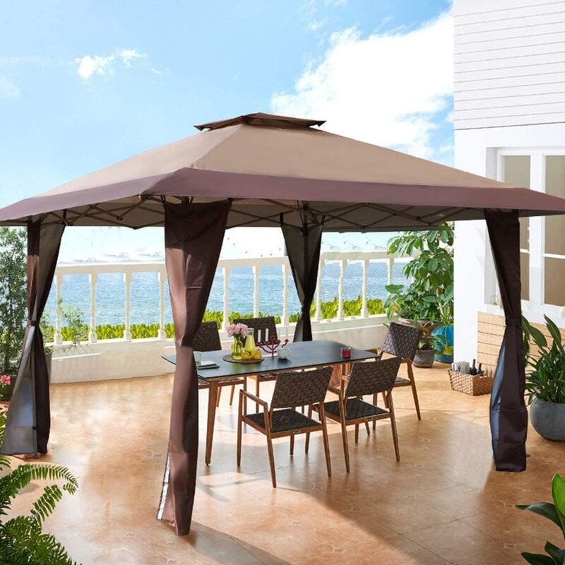 13'x13 'UV-Block Sonnenschutz Pavillon Baldachin mit Hardware-Kits, Pavillon Schatten für Terrasse Garten veranstaltungen im Freien, braun