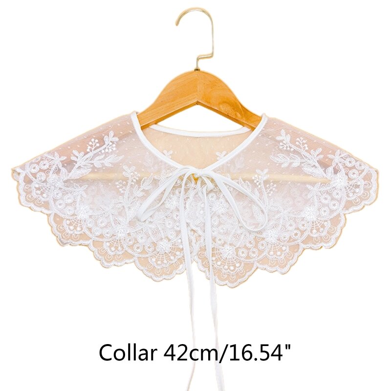 Women Vintage Sweet Embroidery Floral Lace Fake False Collar Shawl See-Through Mesh Trim Lace-Up Bowknot Scarf Capelet Half