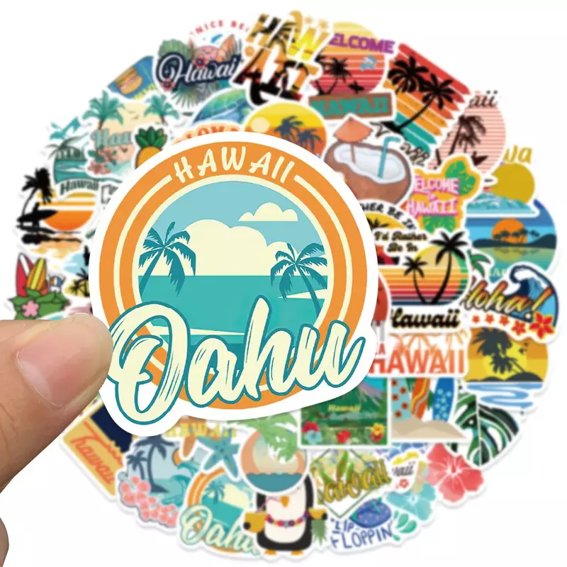 Stiker grafiti kartun Hawaii 50 buah, stiker tahan air papan luncur, helm Air Gitar ponsel untuk laptop