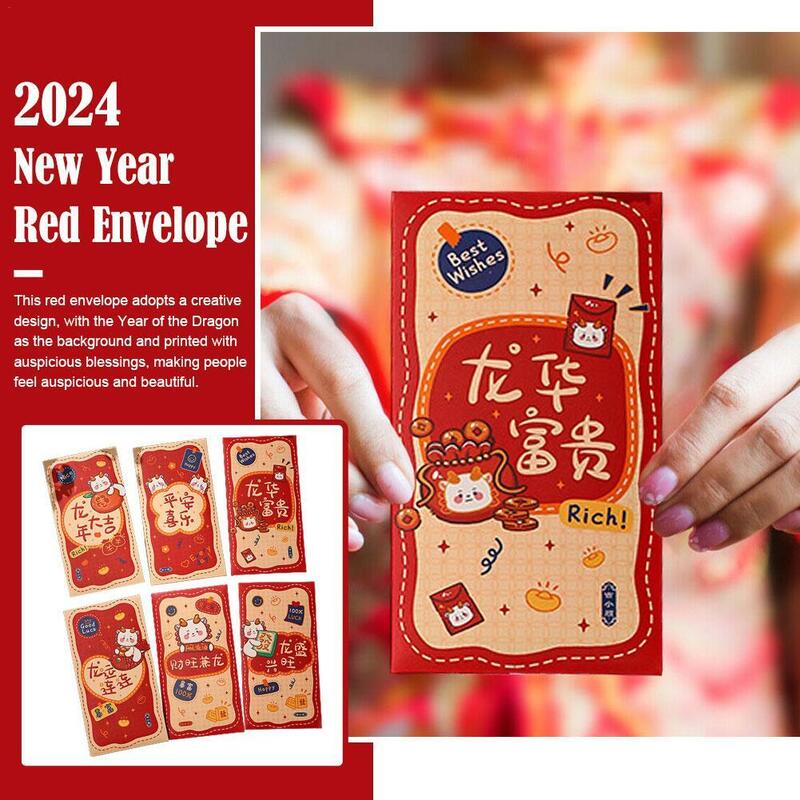 6 Stuks 2024 Chinese Drakenjaar Rode Envelop Creatieve Lente Festival Verjaardag Kinderen Cadeau Geluksgeld Enveloppen Rode Pakje Envelop