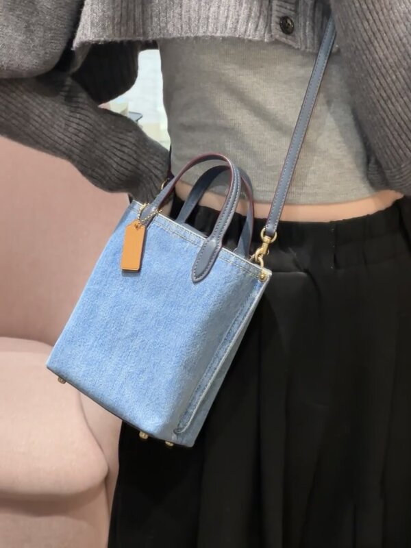 Mini sacola retrô estilo americano, bolsa crossbody feminina, bolsa jeans de lona azul, bolsa de balde pequena e fofa, bolsa de verão