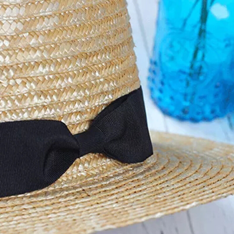 Boater chapéu de praia feminino de verão chapéu de praia lado largo feminino casual panamá senhora clássico flat bowknot palha chapéu de sol feminino fedora