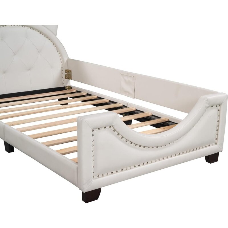 Marco de cama para niños, cojín suave de tamaño doble con cabecero de oreja de conejo, marco de cama doble para dormitorio